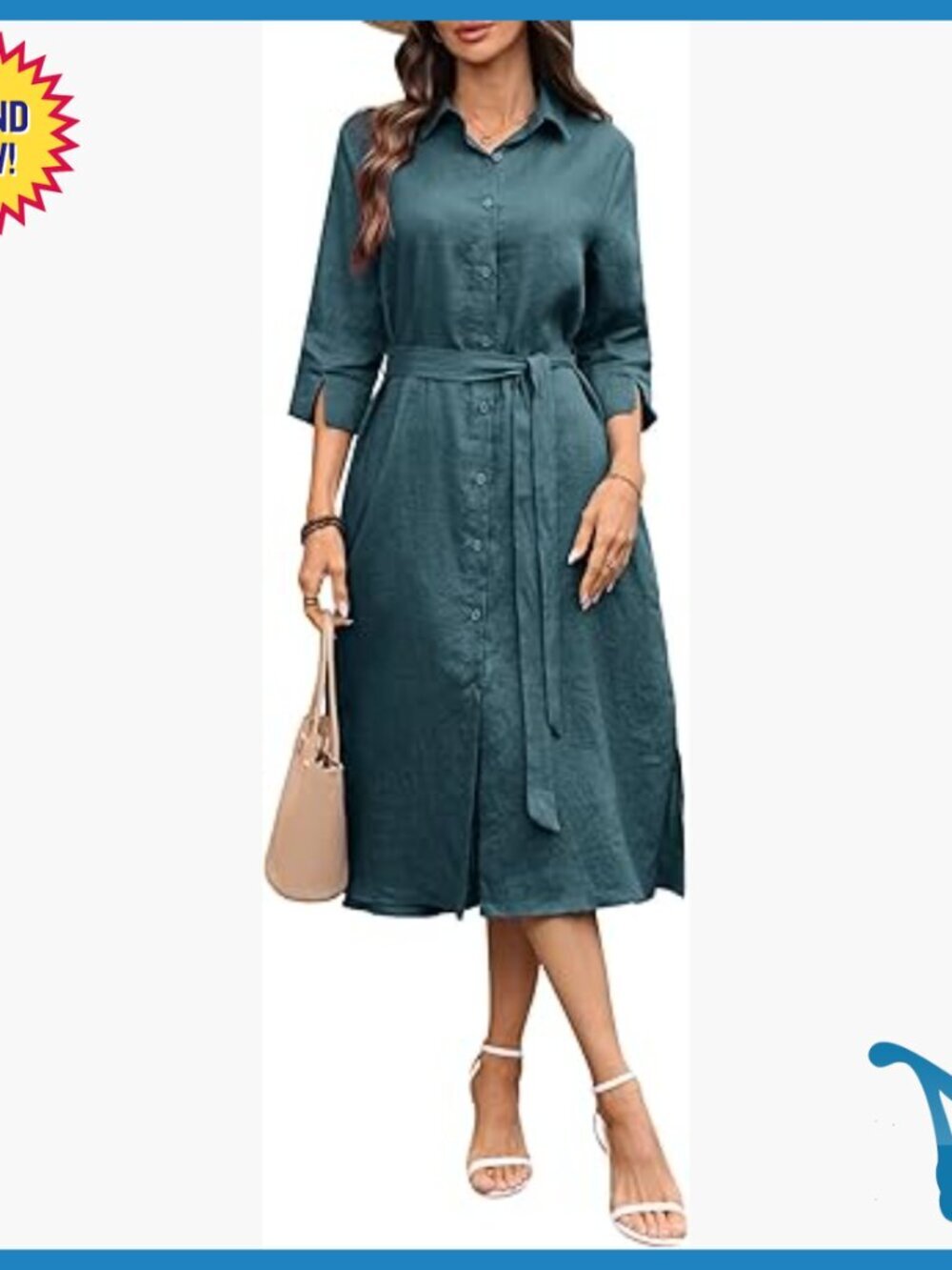 Linen Midi Dress with Belt, 3/4 Sleeves, Collar, Pockets, Side Slit